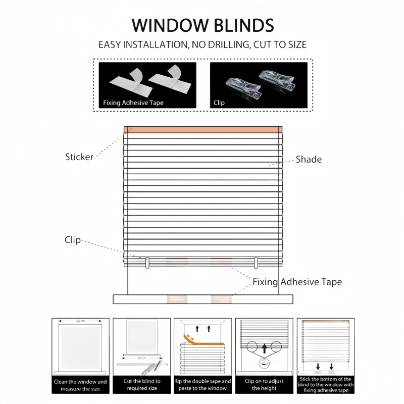 Cut-to-Fit No-Drill Design Blackout Pleated Stick-On Window Blinds