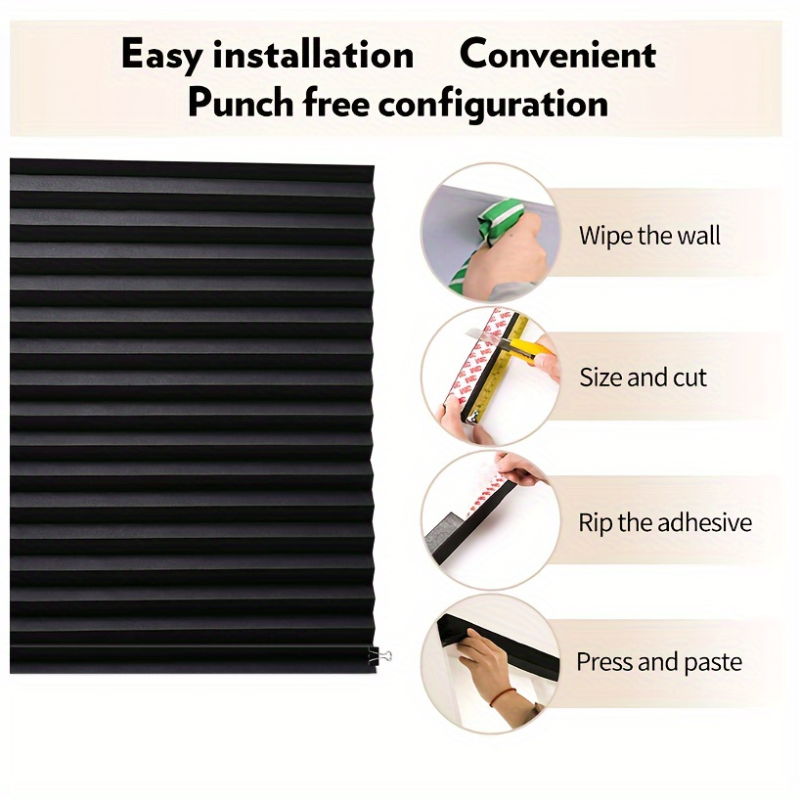 Cut-to-Fit No-Drill Design Blackout Pleated Stick-On Window Blinds
