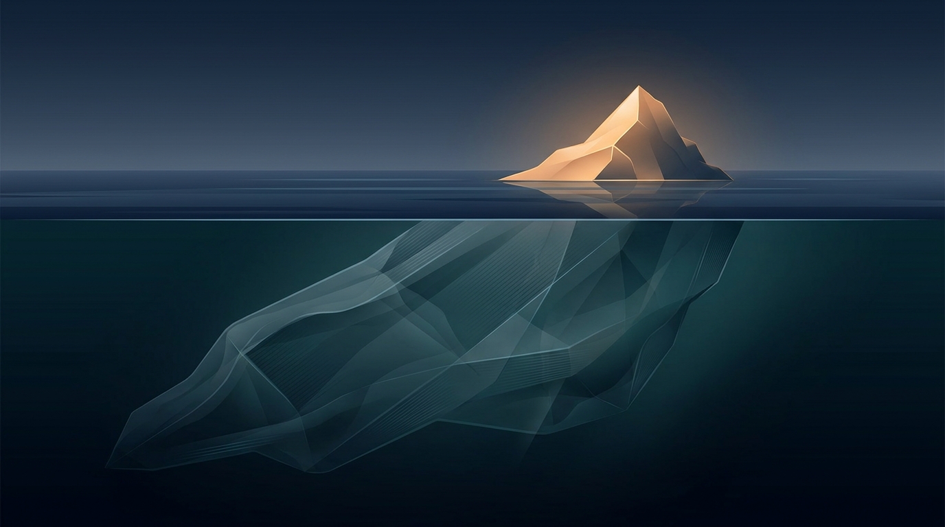 Editorial illustration showing an iceberg metaphor where a small visible tip represents ad copy and a vast submerged structure represents full Google Ads campaign management